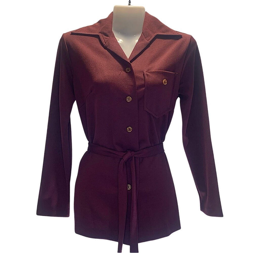 Vintage Sears The Fashion Place Burgundy Belted Button Down Shirt Jacket 8P 70s